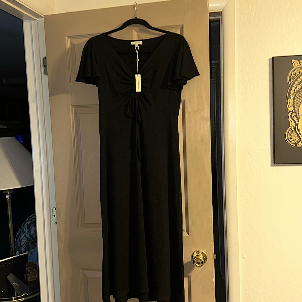 Max Studio Casual empire black dress with tie below bust, size M